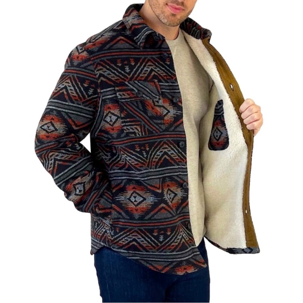 JACHS Sherpa Lined Wool Blend Shirt Jacket Shacket Heavy Black Aztec Men’s Large